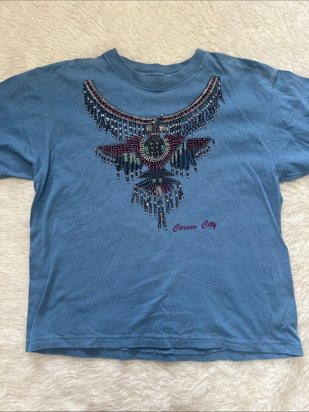 Vintage Carson City Blue Short Sleeve Tee with Beaded-Style Graphic
